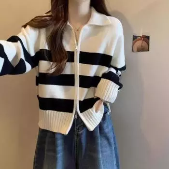 Полосатый вязаный кардиган женский весна-осень французский воротник поло свободный ленивый ветер двойная молния зимний свитер куртка One Size белый