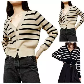 Полосатый вязаный крючком кардиган свитера для женщин осенние модные наряды одежда повседневная застежка на пуговицы круглый вырез трикотажные кардиганы One Size бежевый