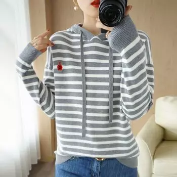 Полосатый вязаный свитер для женщин на весну и осень, свободный утягивающий черно-белый свитер с капюшоном, весенний пуловер, женские топы