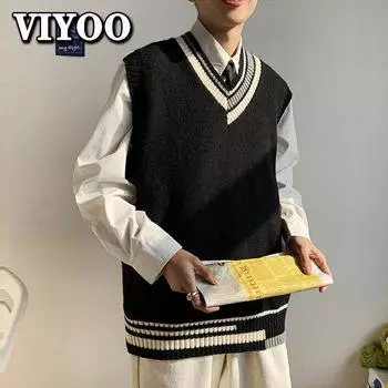 Полосатый вязаный свитер с v-образным вырезом, жилеты Y2K, одежда для мужчин, уличная одежда, вязаный мужской осенний свитер без рукавов, теплые термоджемперы, пуловер, блузка для женщин M чёрный
