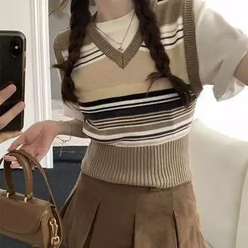 Полосатый вязаный жилет без рукавов с v-образным вырезом, женский весенне-осенний дизайн с наложением, повседневный короткий свитер-жилет с манжетами, женский топ One Size хаки