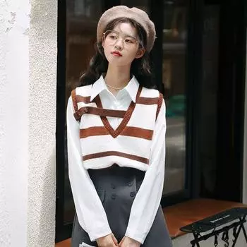 Полосатый вязаный жилет для женщин-иностранцев, уменьшающий возраст и похудающий, осенний винтажный топ на бретелях, повседневный свитер без рукавов, жилет, женский топ