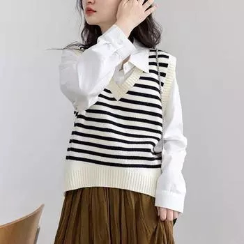 Полосатый вязаный жилет с V-образным вырезом, женский свитер в сочетании с осенним свитером, дизайн-майка, темпераментный и многослойный женский жилет One Size чёрный