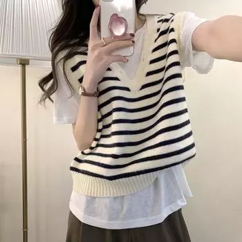 Полосатый вязаный жилет, женский свитер, новинка 2022 года, женская верхняя одежда, топ на бретелях, свободный корейский универсальный осенний свитер, жилет женский One Size чёрный
