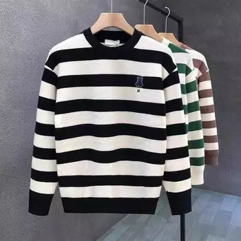 Полосатый вышитый свитер с круглым вырезом, мужская осенне-зимняя вязаная нижняя рубашка, новая мужская внутренняя одежда, термостойкая облегающая посадка M коричневый