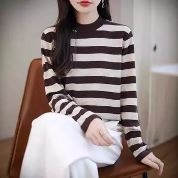 Полосатый женский осенне-зимний свободный полувысокий воротничок-пуловер с эффектом старения и внутренней отделкой из трикотажа S темно-синий