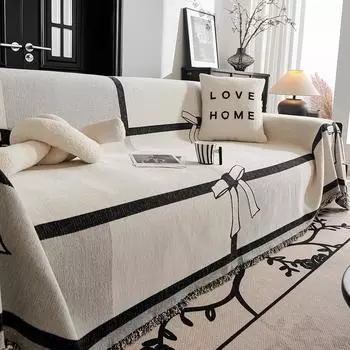 Полотенце для дивана из шенилла с бантом и линиями для гостиной, декор для дома в скандинавском стиле с кисточками по краям, комплект для трехместного дивана 180x180