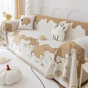 Полотенце для дивана с мультяшным медведем и кисточкой, нескользящий чехол для гостиной, универсальная удобная пылезащитная подушка, можно стирать в машине 180x130cm1pcs