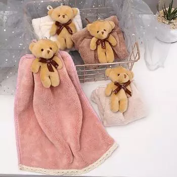 Полотенце для рук со шнурком, кухонное мультяшное мягкое медвежонок из микрофибры, милый дизайн, подвесные салфетки для рук светло-розовый