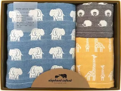 Полотенце для ванны Seigan Полотенце для лица Полотенце для мытья Серая марля Сделано в Японии Хлопок Слон Младенец Набор из 3 шт. 100% ELF-50