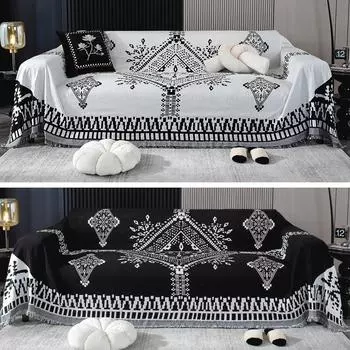 Полотенце из хлопчатобумажной пряжи Черно-белое клетчатое полотенце с кисточками для дивана Полное покрытие Ткань Двусторонний чехол для дивана Универсальная подушка для дивана Four Seasons 90x90