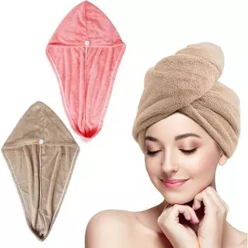 Полотенце-тюрбан, впитывающее полотенце, полотенце-тюрбан для волос, полотенце для волос, полотенце для головы с кнопкой, быстросохнущая микрофибра, 2 шт.(Коричневый, Розовый) 2 Pieces Pack