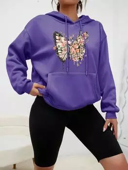 Половина Бабочка Другие Цветочные Принты Толстовка Женская Личность Мультфильмы Толстовка Мода Флис Пуловеры Хип-Хоп Теплая Одежда Женская S