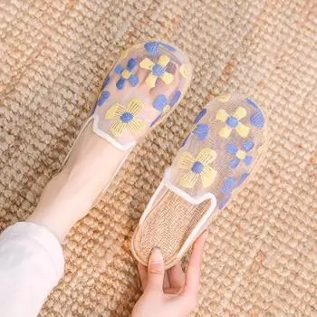 Половина льняной упаковки, прозрачные тапочки с цветочным узором, домашние, тихие, модные, удобные, нескользящие шлепанцы с открытым носком, домашняя обувь 35