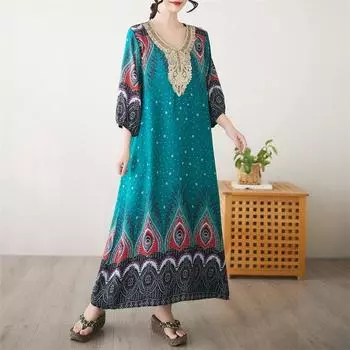 Половина рукава Плюс размер Хлопок винтажный цветочный новый в платьях для женщин повседневный свободный длинный летний платье L