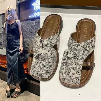 Половина тапочки женские летние уличные модные новые толстые подошвы новые китайские полые сандалии 35 чёрный