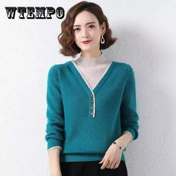 Свитер с полуворотом, женский, свободный, универсальный, в стиле вестерн, поддельный, из двух частей, трикотажная нижняя рубашка, осень и зима XXL