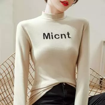 Половина водолазки, нижняя рубашка для женщин, осенне-зимняя облегающая футболка с вышитыми буквами, корейская версия, футболка с длинными рукавами S