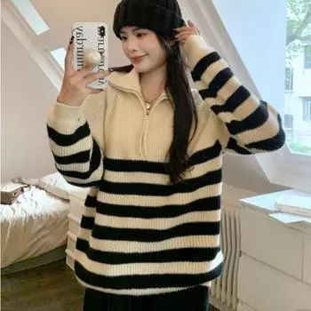 Половина высокого воротника на молнии в полоску пуловер с длинными рукавами для женщин модный свободный осень 2022 повседневный пуловер женский свитер One Size чёрный