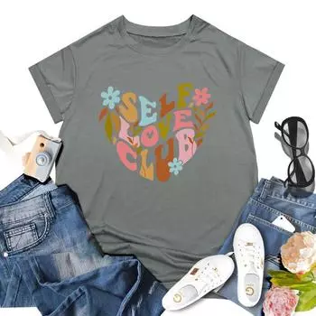 Положительный ментальный здоровье цветы растительный цветочный принт удобный свободный круглый вырез чистый хлопок короткий рукав футболки женские S
