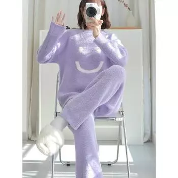 Полубархатная утолщенная пижама для женщин, новая коралловая бархатная милая улыбающаяся мордашка, которую можно носить вне домашнего костюма M бежевый