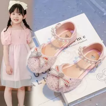 Полубосоножки для девочек, милые бантики, детская обувь для танцев, свадебная вечеринка, лето 2025, новая коллекция, туфли принцессы для девочек, милые бантики, блестящие, модные 23 розовый
