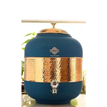 Получеканный медный кувшин для воды с шелковистой отделкой синего цвета, объем - 13 литров.