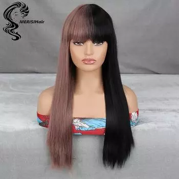 Получерный, наполовину розовый парик, длинные прямые синтетические парики для женщин с челкой, косплей, вечеринка на Хэллоуин или ежедневная замена волос