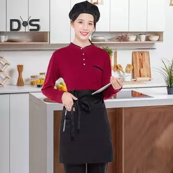 Полуфартук с карманами, однотонный поварской фартук для мужчин, женщин, взрослых, дышащий, устойчивый к складкам кухонный фартук для готовки чёрный