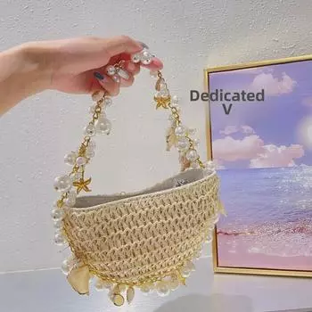 Полукруглая соломенная сумка ручной работы «Праздник на берегу моря» — дизайн «Звезда и ракушка»