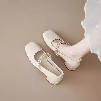 Полукруглые мягкие одинарные туфли женские летние туфли Мэри Джейн с неглубоким носком и толстым каблуком-жемчужиной 35 абрикосовый
