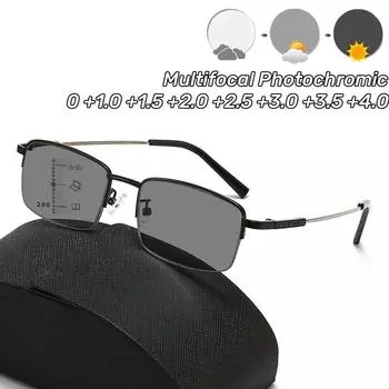 Полуоправа Бизнес Мультифокальные Фотохромные Очки Память Титановый Сплав Очки Для Чтения Анти-Синий Свет Очки Для Дальнозоркости 0 серебряный