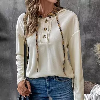 Полуоткрытая толстовка с капюшоном, осенняя футболка, клетчатая рубашка с длинными рукавами и капюшоном S абрикосовый