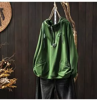 Полуоткрытая застежка-молния с завязками на шнурке и капюшоном, литературный ретро-простой свободный повседневный универсальный топ с длинными рукавами One Size павлин голубой