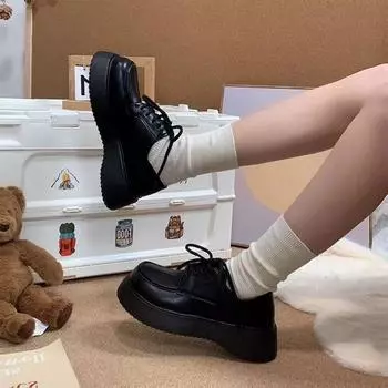 Полуподдерживающие туфли двойного назначения Маленькие кожаные туфли Женские новые туфли-лодочки с круглым носком Мокасины с приподнятым низом Стиль преппи Британский стиль 35