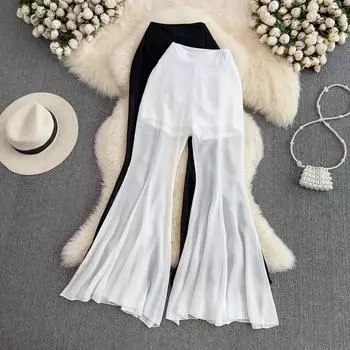 Полупрозрачные шифоновые элегантные плиссированные расклешенные брюки с боковой молнией и высокой талией, женские летние брюки в стиле бохо, женская одежда y2k S белый