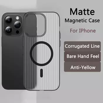 Полупрозрачный матовый магнитный чехол Magfit для IPhone 14 Pro Max/14 Pro/14/13 Pro Max/iphone 15promax с гофрированной линией, анти-желтый магнитный противоударный чехол iPhone 13 чёрный