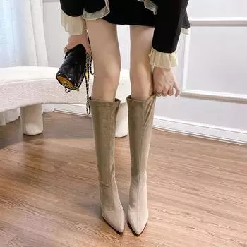 Полусапоги женские зима 2024 осень эластичная обувь длинные туфли для женщин в продаже с винтажной элегантной танкеткой тенденция сапог 35