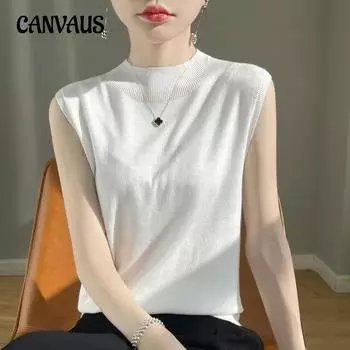 Полушерстяная смесь весна-лето. Женский жилет, вязаный жилет без рукавов с высоким воротником и короткой нижней рубашкой M бежевый