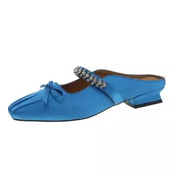 Полутапочки Baotou премиум-класса со стразами на толстом каблуке 2025 года, элегантный французский темперамент, атласные, с квадратной головкой, вечерние, стильные тапочки 35