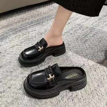 Полутапочки Баотоу, женские кожаные туфли из бисквита на толстой подошве, туфли на удачу для ленивых 35 чёрный