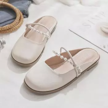 Полутапочки Baotou, женские летние новые сандалии без шнуровки с жемчугом, женские сандалии на плоской подошве с круглым носком, большие размеры 35 абрикосовый