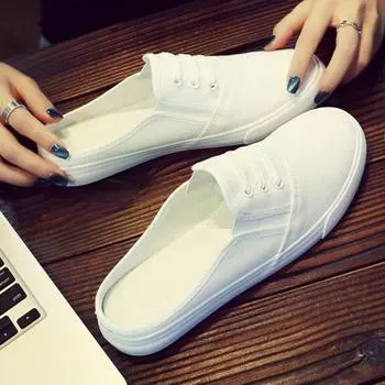 Полутапочки Холщовые туфли Белые туфли для студенток Летняя верхняя одежда без каблука Закрытый носок Ленивые тапочки Беременные женщины Универсальные тапочки 35