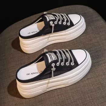 полутапочки и верхняя одежда летом 2024 г.. Новые женские туфли, увеличивающие рост, туфли-бублики, без каблука, маленькие белые туфли. 35 чёрный