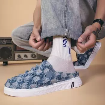 Полутапочки, мужские весенне-летние новые дышащие легкие мужские туфли, простые модные тканевые туфли без шнуровки на плоской подошве 39 синий