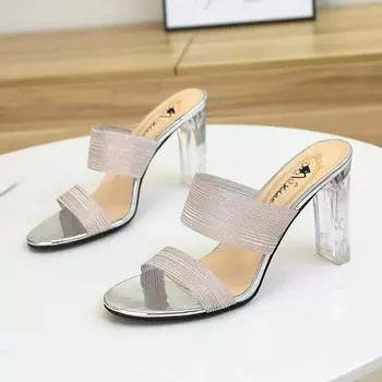 Полутапочки на высоком каблуке. Женская уличная одежда. Летние модные сексуальные сандалии на массивном каблуке. 34 серебряный