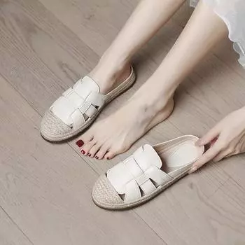 Полутапочки с плетеным носком, женская обувь, летние туфли без шнуровки на плоской подошве для женщин, повседневная обувь, модные однотонные женские тапочки 35