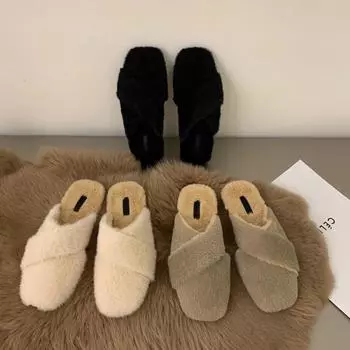 Полутапочки с плоским дном и головкой-мешком, женская обувь, новинка 2024 года, осенне-зимняя обувь с одной педалью и полуподдержкой, обувь Mao Mao 35 чёрный