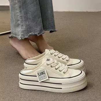 Полутапочки с закрытым носком. Женская летняя одежда. Новые женские парусиновые туфли без каблука. Повседневные сандалии на толстой подошве. 35