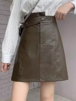 Полуюбка из искусственной кожи, женская, весенне-осенняя, новая, нерегулярная, с высокой талией, утягивающая кожаная юбка трапециевидной формы, защита от воздействия, короткая юбка на бедре S чёрный